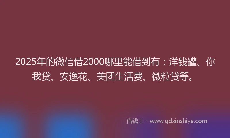2025年的微信借2000哪里能借到有：洋钱罐、你我贷、安逸花、美团生活费、微粒贷等。