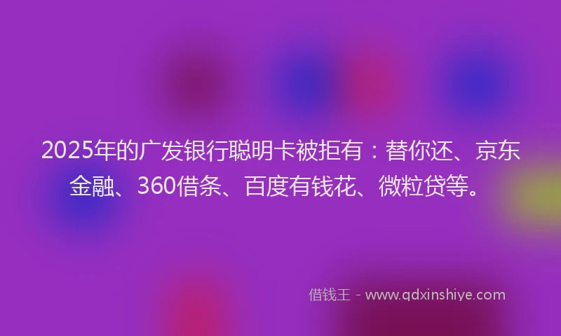 2025年的广发银行聪明卡被拒有：替你还、京东金融、360借条、百度有钱花、微粒贷等。