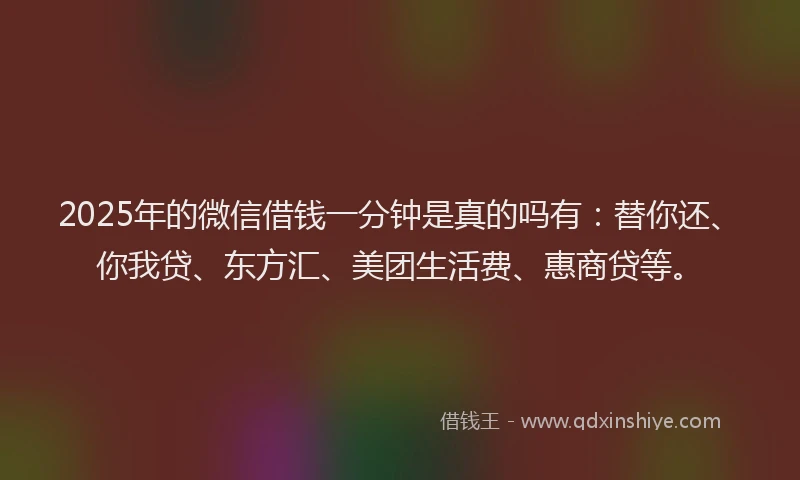 2025年的微信借钱一分钟是真的吗有：替你还、你我贷、东方汇、美团生活费、惠商贷等。