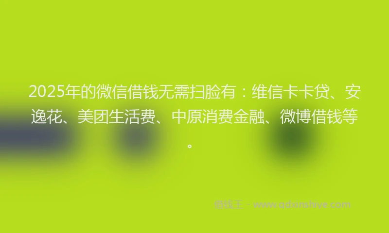 2025年的微信借钱无需扫脸有：维信卡卡贷、安逸花、美团生活费、中原消费金融、微博借钱等。