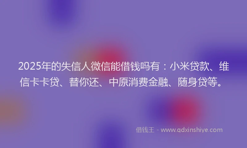 2025年的失信人微信能借钱吗有：小米贷款、维信卡卡贷、替你还、中原消费金融、随身贷等。