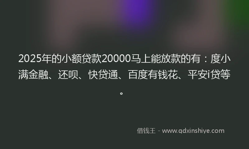 2025年的小额贷款20000马上能放款的有：度小满金融、还呗、快贷通、百度有钱花、平安i贷等。