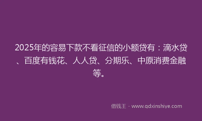 2025年的容易下款不看征信的小额贷有：滴水贷、百度有钱花、人人贷、分期乐、中原消费金融等。