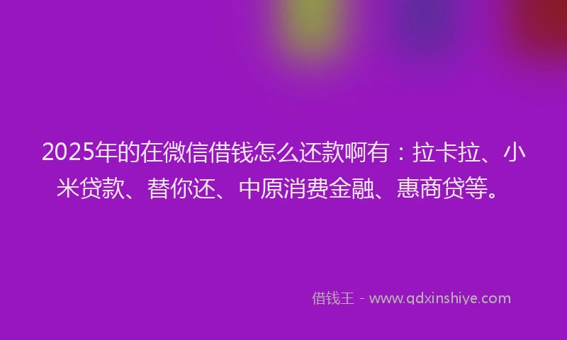 2025年的在微信借钱怎么还款啊有：拉卡拉、小米贷款、替你还、中原消费金融、惠商贷等。