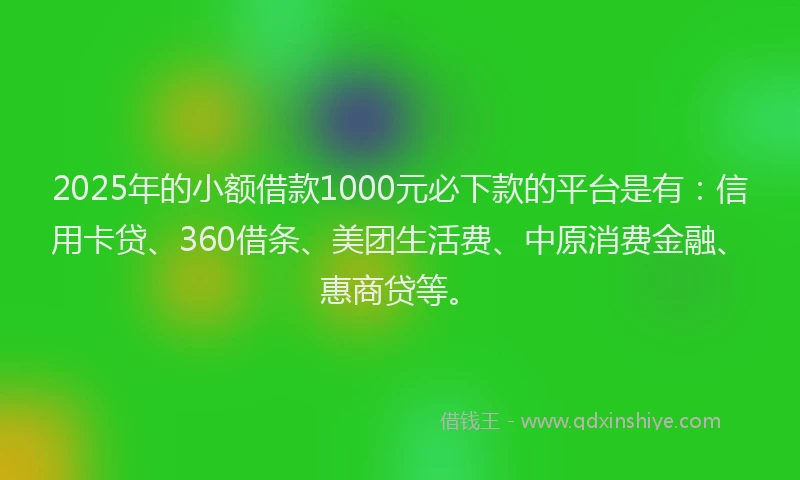 2025年的小额借款1000元必下款的平台是有：信用卡贷、360借条、美团生活费、中原消费金融、惠商贷等。