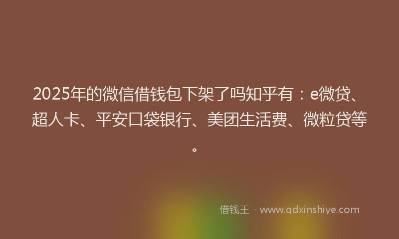 2025年的微信借钱包下架了吗知乎有：e微贷、超人卡、平安口袋银行、美团生活费、微粒贷等。