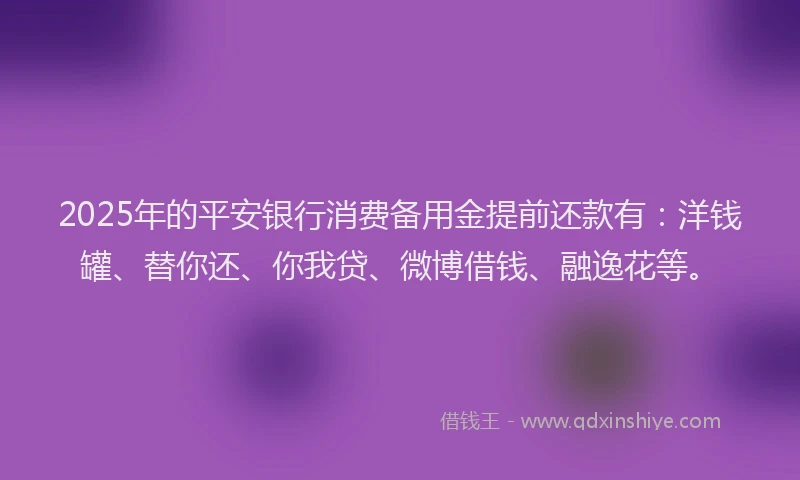2025年的平安银行消费备用金提前还款有：洋钱罐、替你还、你我贷、微博借钱、融逸花等。