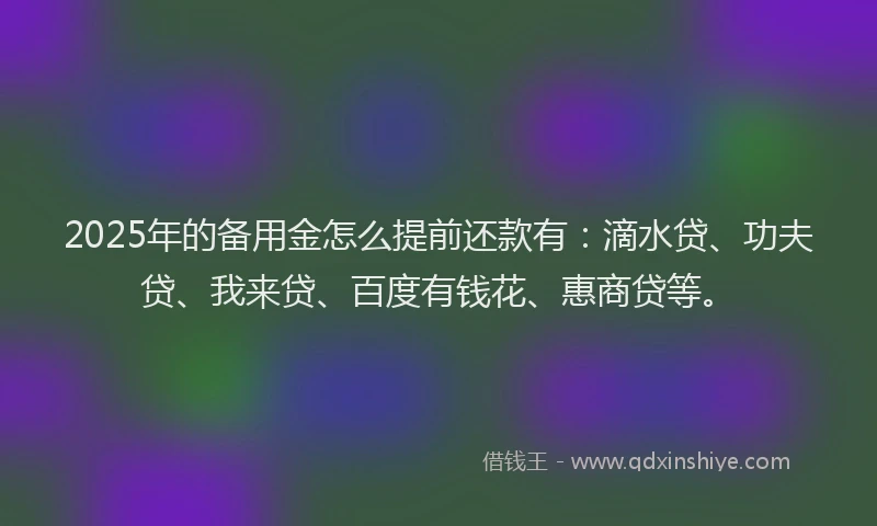 2025年的备用金怎么提前还款有：滴水贷、功夫贷、我来贷、百度有钱花、惠商贷等。