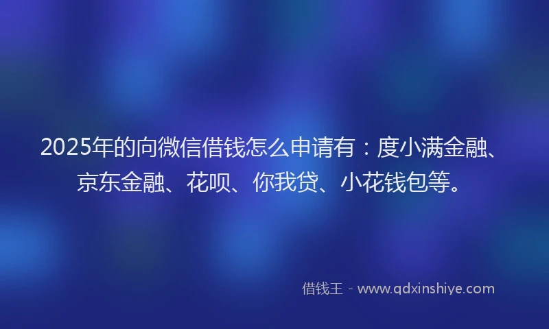 2025年的向微信借钱怎么申请有：度小满金融、京东金融、花呗、你我贷、小花钱包等。