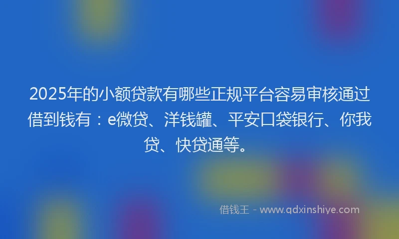 2025年的小额贷款有哪些正规平台容易审核通过借到钱有：e微贷、洋钱罐、平安口袋银行、你我贷、快贷通等。