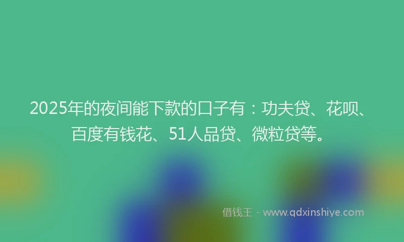 2025年的夜间能下款的口子有：功夫贷、花呗、百度有钱花、51人品贷、微粒贷等。