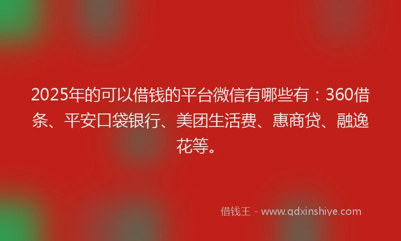 2025年的可以借钱的平台微信有哪些有：360借条、平安口袋银行、美团生活费、惠商贷、融逸花等。