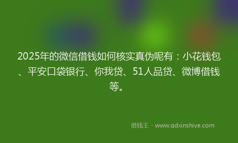 2025年的微信借钱如何核实真伪呢有：小花钱包、平安口袋银行、你我贷、51人品贷、微博借钱等。