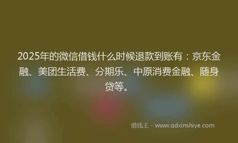 2025年的微信借钱什么时候退款到账有：京东金融、美团生活费、分期乐、中原消费金融、随身贷等。