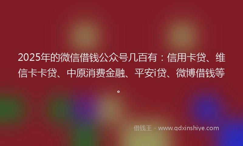 2025年的微信借钱公众号几百有：信用卡贷、维信卡卡贷、中原消费金融、平安i贷、微博借钱等。