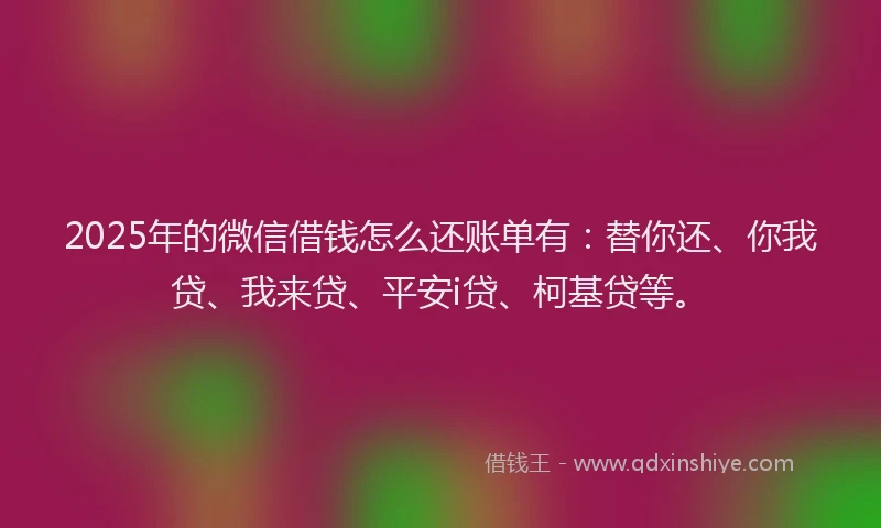2025年的微信借钱怎么还账单有：替你还、你我贷、我来贷、平安i贷、柯基贷等。