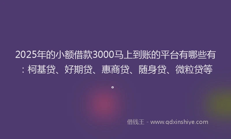 2025年的小额借款3000马上到账的平台有哪些有：柯基贷、好期贷、惠商贷、随身贷、微粒贷等。