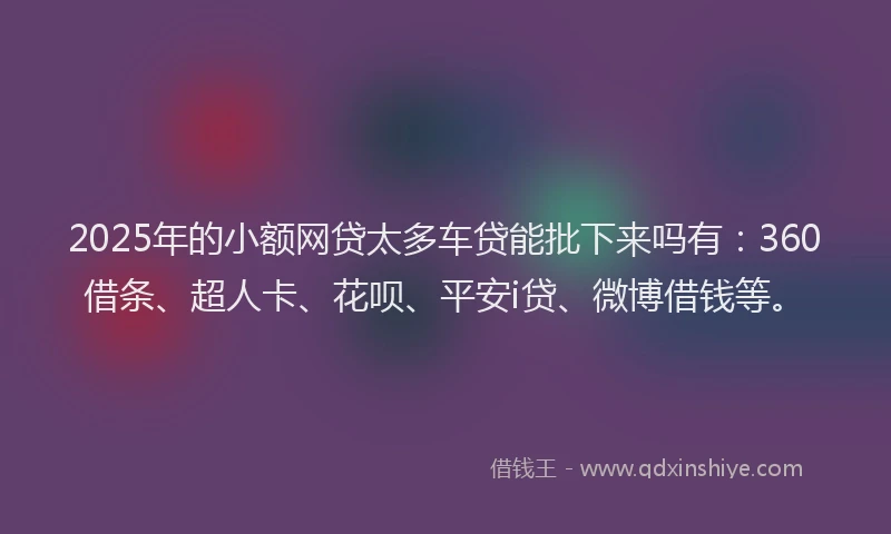 2025年的小额网贷太多车贷能批下来吗有：360借条、超人卡、花呗、平安i贷、微博借钱等。