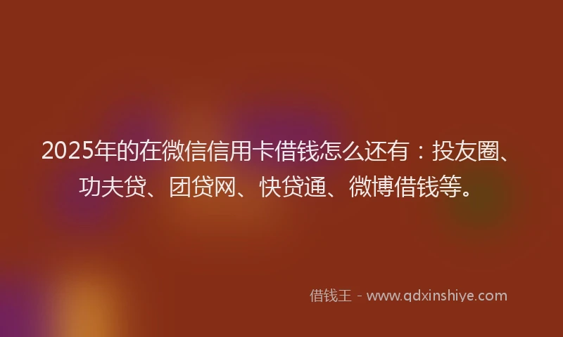 2025年的在微信信用卡借钱怎么还有：投友圈、功夫贷、团贷网、快贷通、微博借钱等。