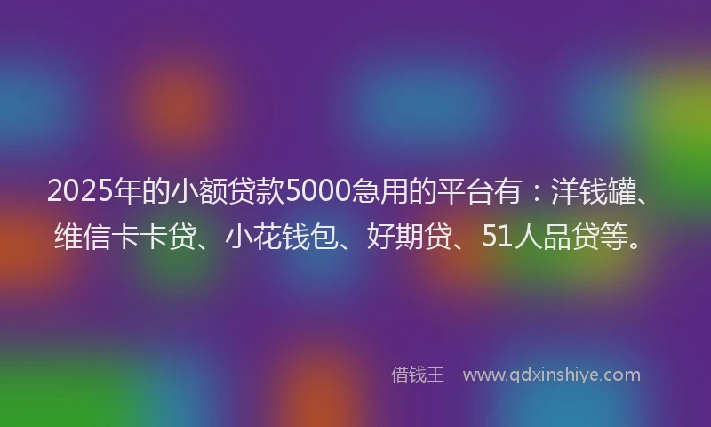 2025年的小额贷款5000急用的平台有：洋钱罐、维信卡卡贷、小花钱包、好期贷、51人品贷等。