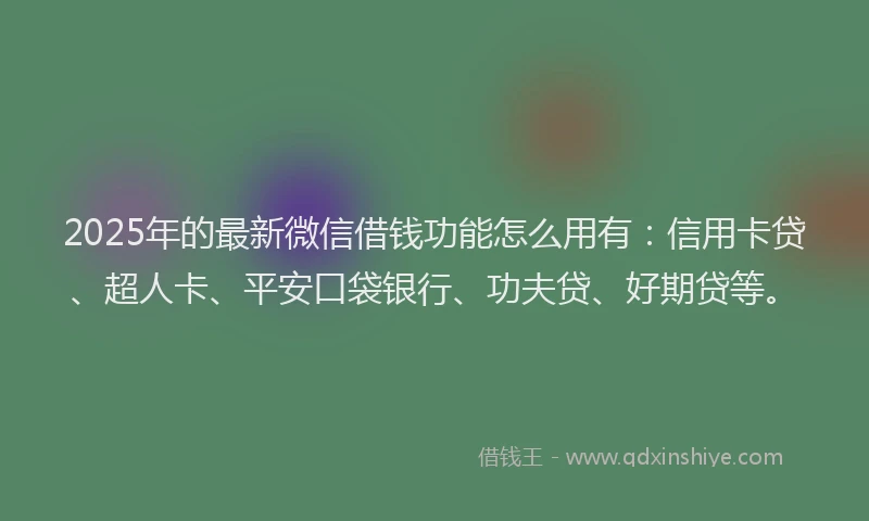 2025年的最新微信借钱功能怎么用有：信用卡贷、超人卡、平安口袋银行、功夫贷、好期贷等。