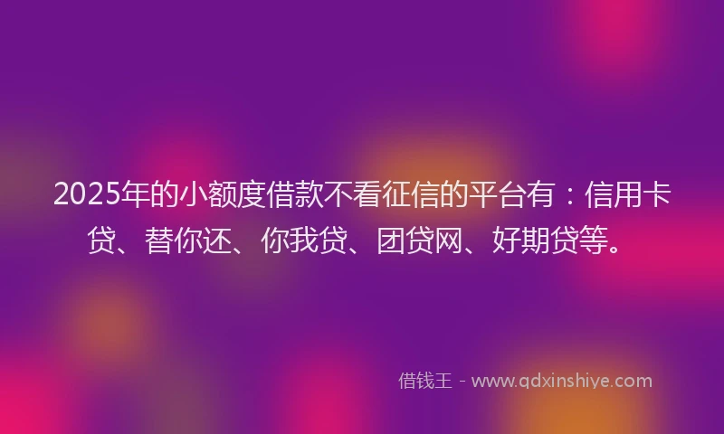 2025年的小额度借款不看征信的平台有：信用卡贷、替你还、你我贷、团贷网、好期贷等。