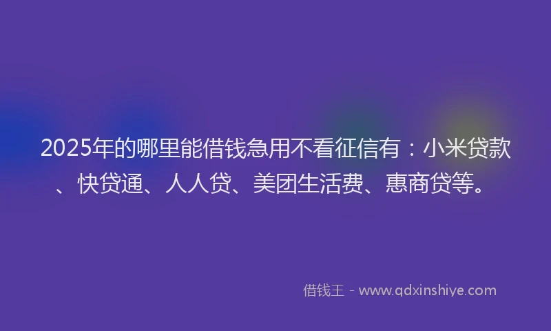 2025年的哪里能借钱急用不看征信有：小米贷款、快贷通、人人贷、美团生活费、惠商贷等。