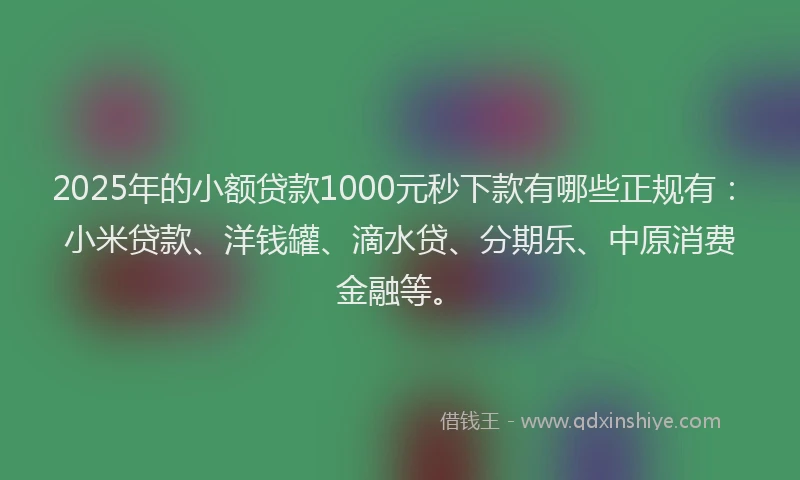 2025年的小额贷款1000元秒下款有哪些正规有：小米贷款、洋钱罐、滴水贷、分期乐、中原消费金融等。