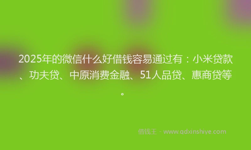 2025年的微信什么好借钱容易通过有：小米贷款、功夫贷、中原消费金融、51人品贷、惠商贷等。