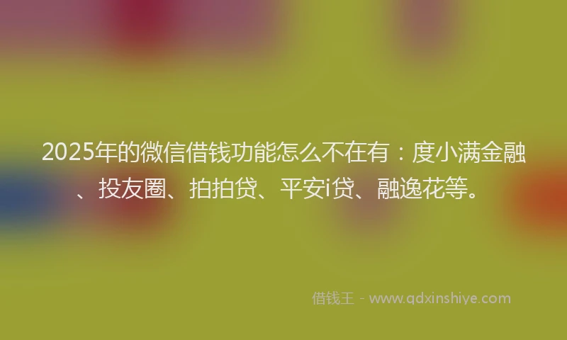 2025年的微信借钱功能怎么不在有：度小满金融、投友圈、拍拍贷、平安i贷、融逸花等。