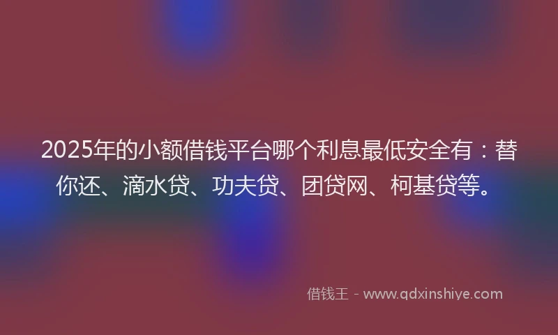 2025年的小额借钱平台哪个利息最低安全有：替你还、滴水贷、功夫贷、团贷网、柯基贷等。