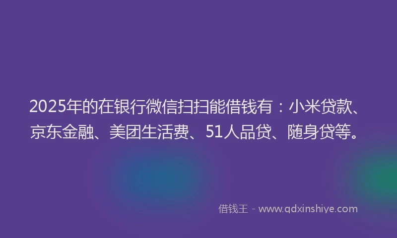 2025年的在银行微信扫扫能借钱有：小米贷款、京东金融、美团生活费、51人品贷、随身贷等。