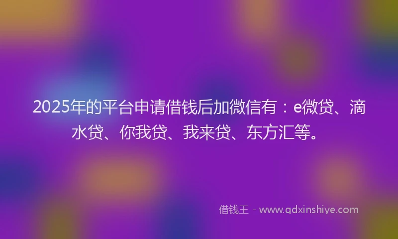 2025年的平台申请借钱后加微信有：e微贷、滴水贷、你我贷、我来贷、东方汇等。