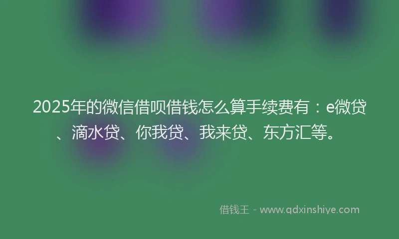 2025年的微信借呗借钱怎么算手续费有：e微贷、滴水贷、你我贷、我来贷、东方汇等。
