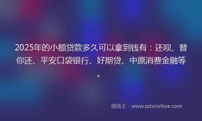 2025年的小额贷款多久可以拿到钱有：还呗、替你还、平安口袋银行、好期贷、中原消费金融等。