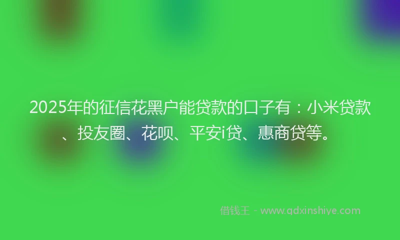 2025年的征信花黑户能贷款的口子有：小米贷款、投友圈、花呗、平安i贷、惠商贷等。