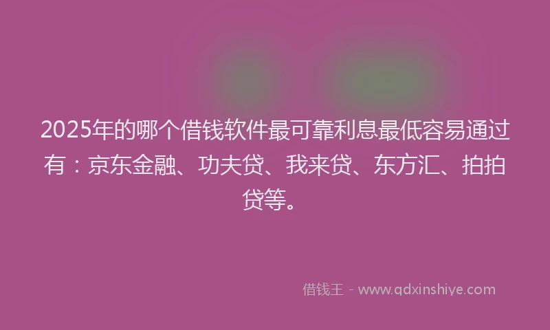 2025年的哪个借钱软件最可靠利息最低容易通过有：京东金融、功夫贷、我来贷、东方汇、拍拍贷等。