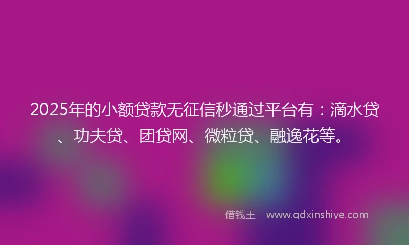 2025年的小额贷款无征信秒通过平台有：滴水贷、功夫贷、团贷网、微粒贷、融逸花等。
