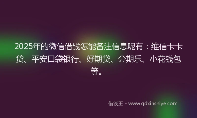 2025年的微信借钱怎能备注信息呢有：维信卡卡贷、平安口袋银行、好期贷、分期乐、小花钱包等。