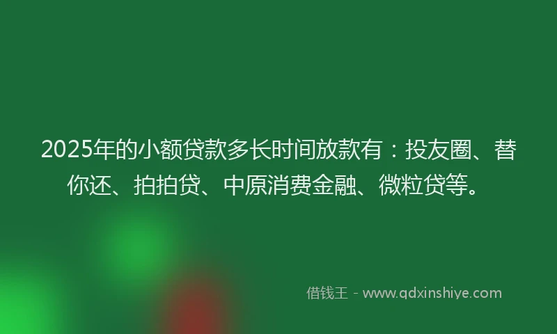 2025年的小额贷款多长时间放款有：投友圈、替你还、拍拍贷、中原消费金融、微粒贷等。