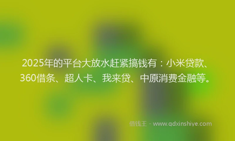 2025年的平台大放水赶紧搞钱有：小米贷款、360借条、超人卡、我来贷、中原消费金融等。