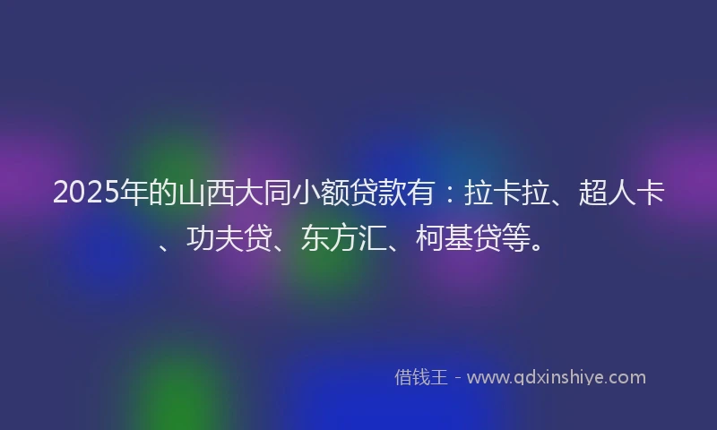 2025年的山西大同小额贷款有：拉卡拉、超人卡、功夫贷、东方汇、柯基贷等。