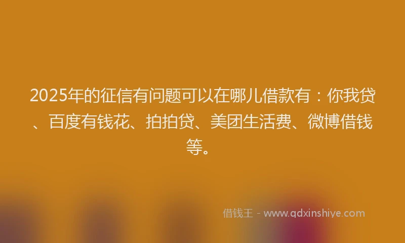 2025年的征信有问题可以在哪儿借款有：你我贷、百度有钱花、拍拍贷、美团生活费、微博借钱等。