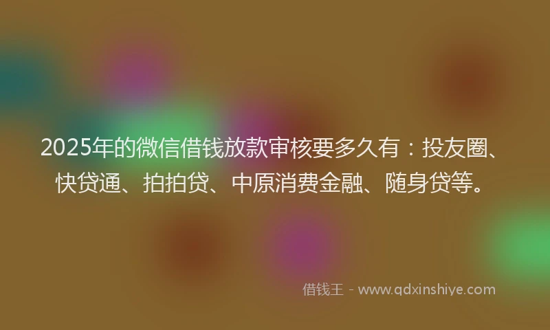 2025年的微信借钱放款审核要多久有：投友圈、快贷通、拍拍贷、中原消费金融、随身贷等。