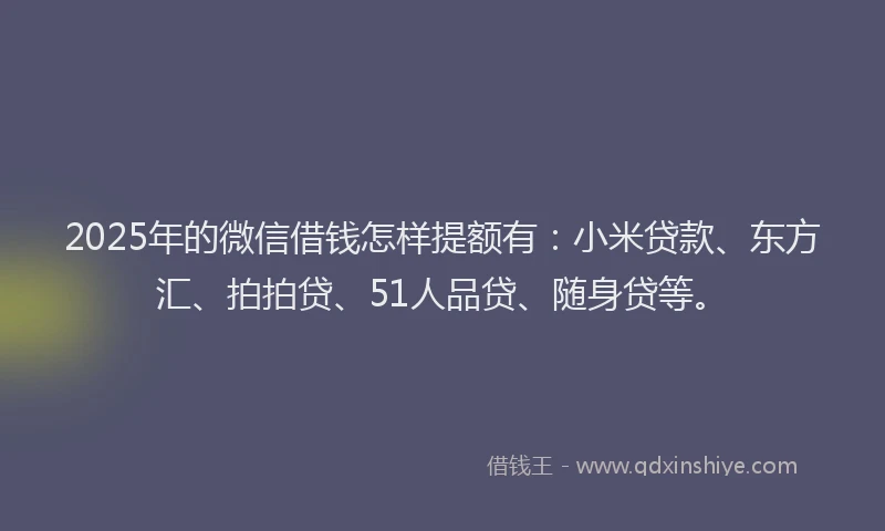 2025年的微信借钱怎样提额有：小米贷款、东方汇、拍拍贷、51人品贷、随身贷等。