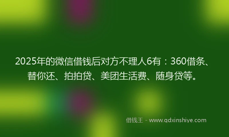 2025年的微信借钱后对方不理人6有：360借条、替你还、拍拍贷、美团生活费、随身贷等。