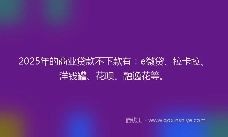 2025年的商业贷款不下款有：e微贷、拉卡拉、洋钱罐、花呗、融逸花等。