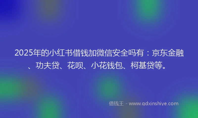 2025年的小红书借钱加微信安全吗有：京东金融、功夫贷、花呗、小花钱包、柯基贷等。
