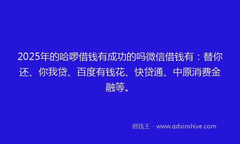 2025年的哈啰借钱有成功的吗微信借钱有：替你还、你我贷、百度有钱花、快贷通、中原消费金融等。