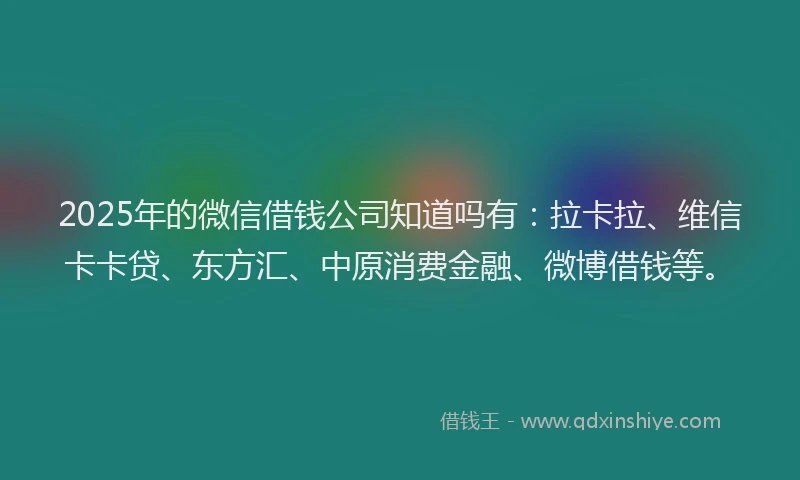 2025年的微信借钱公司知道吗有：拉卡拉、维信卡卡贷、东方汇、中原消费金融、微博借钱等。